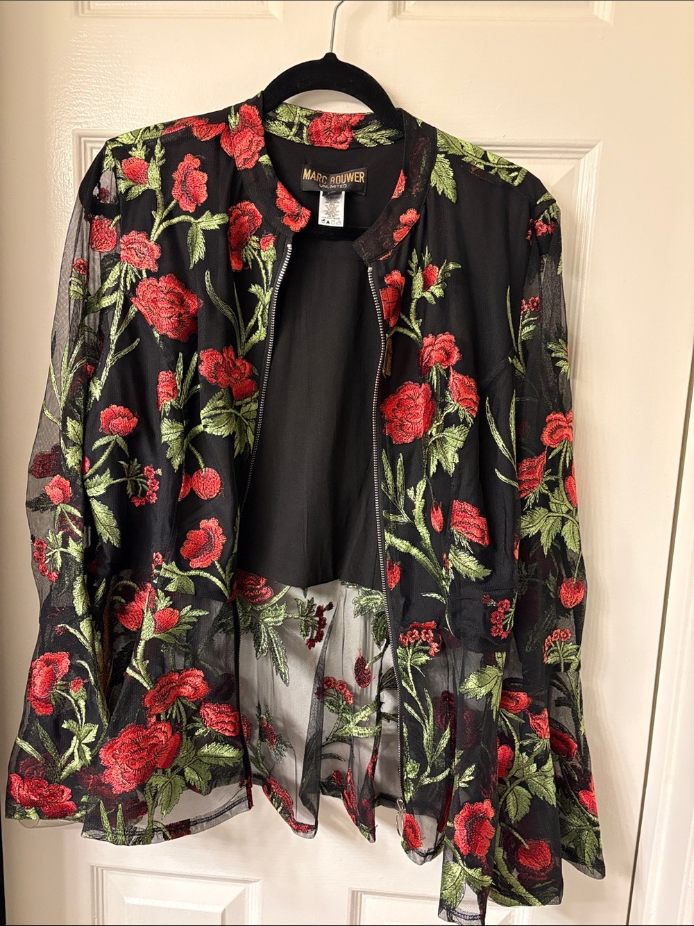 Marc Bouwer Black Mesh Bomber Jacket with Red Floral Embroidery